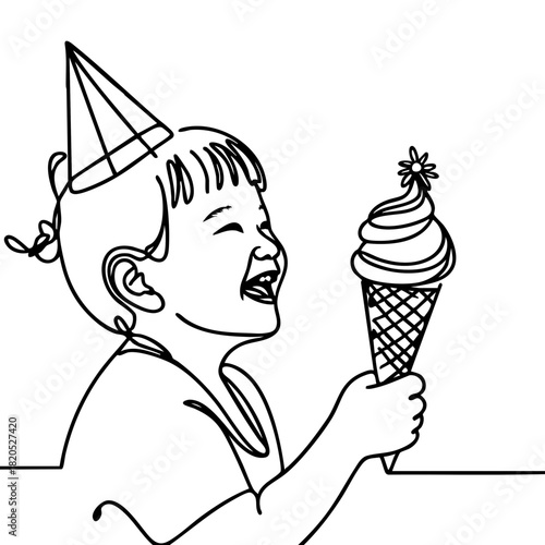 Single line drawing in modern minimalist style of Asian child enjoying birthday ice cream  