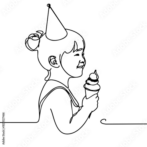 Single line drawing in modern minimalist style of Asian child enjoying birthday ice cream on white background with copy space