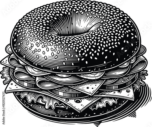 Delicious sesame bagel sandwich with cheese and lettuce illustration eps silhouette