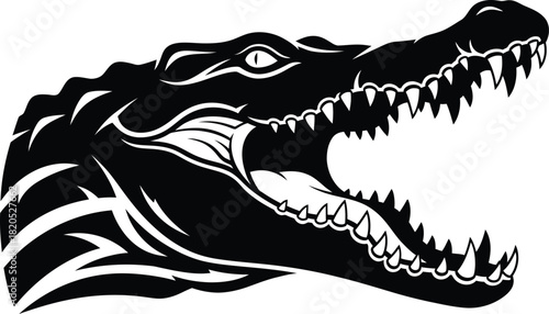 Vector illustration of alligator head with open mouth black and white eps silhouette