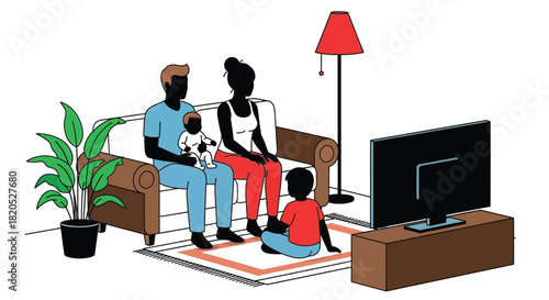 Family watching tv together in the living room with a lamp and plant