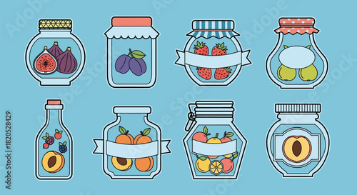 Illustration of various fruits preserved in glass jars on blue background