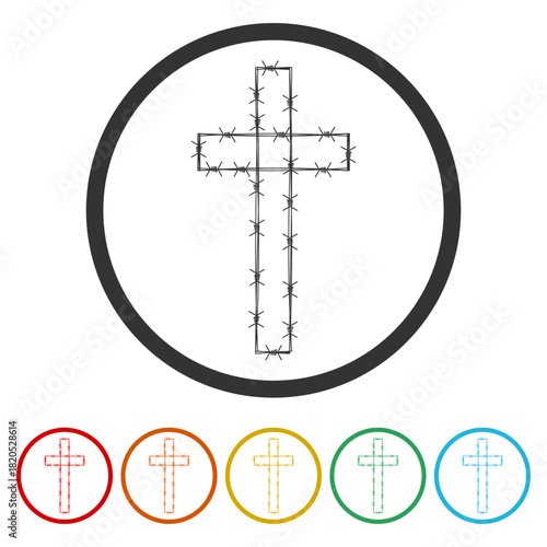 Christian cross Barbed wire icon. Set icons in color circle buttons