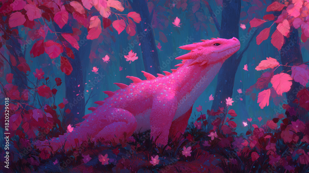 Obraz premium Pink baby dragon surrounded by blooming crimson foliage in dreamy fantasy forest, magical creature artwork ideal for children’s book illustration, fantasy banners, storytelling visuals
