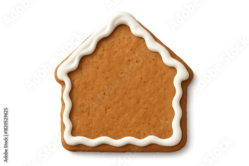 A plain gingerbread house cookie decorated with white royal icing, a traditional festive treat for Christmas baking, seen from a top-down perspective in a minimalist style