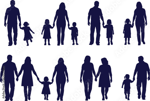 Family silhouette vector illustration parents children holding hands eps