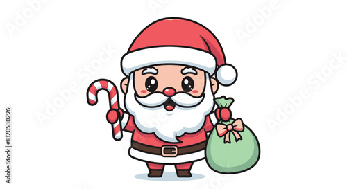 Cute Kawaii Santa Claus Holding Candy Cane and Gift Bag - Adorable Christmas Illustration