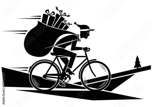 Silhouette of a modern Santa Claus delivering Christmas gifts on a bicycle.