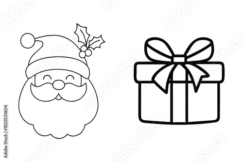 Black-and-white line art of Santa Claus with a cheerful face and a holly-trimmed hat, alongside a wrapped gift box with ribbon. Perfect for Christmas coloring pages and festive design elements.