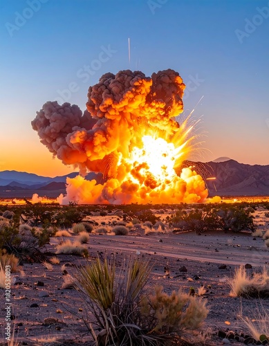 Large, fiery explosion erupts in desert landscape at dusk