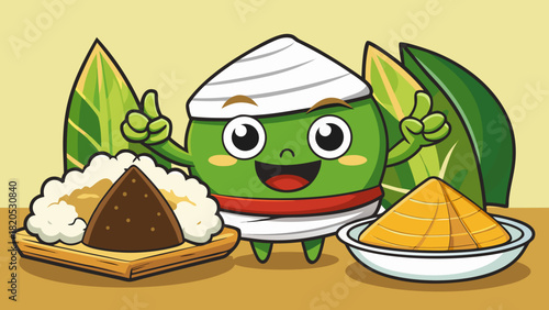 An Adorable Nasi Lemak Character Wearing a Bandana with Dish