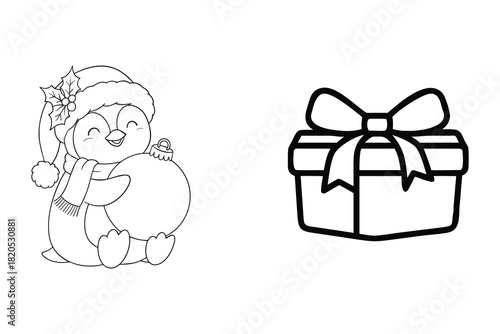 Festive black-and-white line art featuring a smiling cartoon penguin in a Santa hat hugging an ornament, alongside a wrapped gift box. Perfect for Christmas coloring pages and holiday-themed designs.