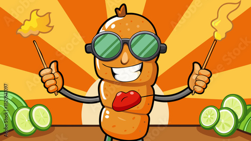 Cartoon Satay Skewer Character Wearing Sunglasses Giving Peace Sign