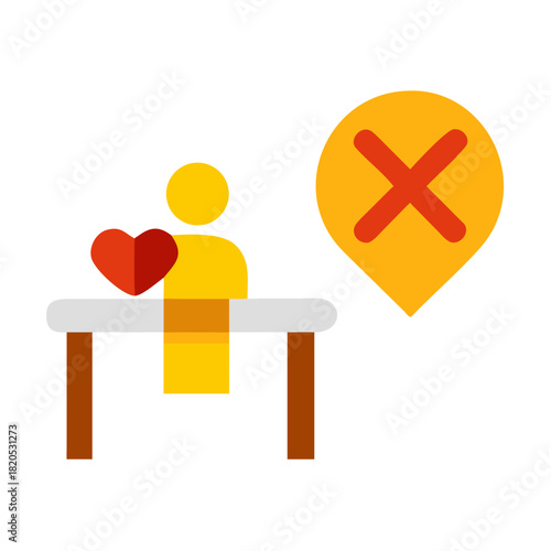 A person sitting at a table with heart and reject symbol