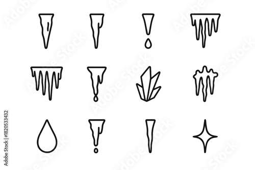 Icicle Icon Set. Snowy rooftop with chimney smoke – Icicle Details. Line outline icon set of Icicle Details: