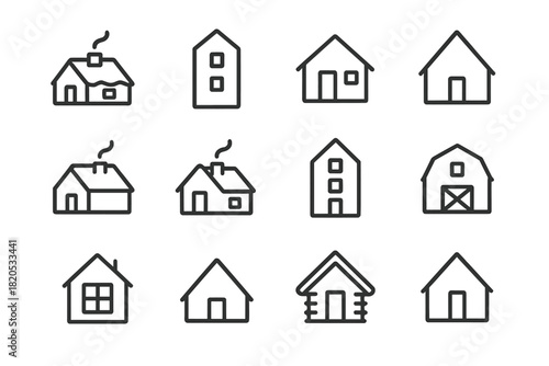 Winter House Icons. Snowy rooftop with chimney smoke – House Silhouettes. Line outline icon set of House