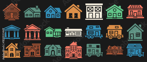 Collection of solid filled house icons featuring front views of suburban homes duplexes villas cabins tiny houses and ranch houses on a black background
