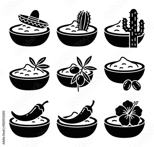 Solid filled icon set featuring diverse regional bean dip varieties including mexican southwestern mediterranean tex mex and caribbean cuisine