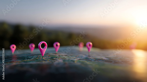 Map with multiple pink location pins marking various points, highlighted by a warm sunset glow and a blurred natural background