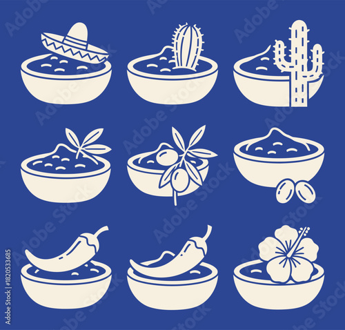 Collection of solid filled bean dip icons representing diverse regional culinary styles like mexican southwestern mediterranean tex mex and caribbean set against a vibrant blue background