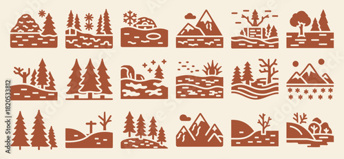 Solid filled icon set representing diverse camouflage environments including forest desert snowfield swamp and mountain terrains for graphic design projects