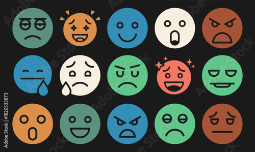 Solid filled icon set representing diverse audience emotions including happy surprised angry sad neutral excited confused and bored for black background variations