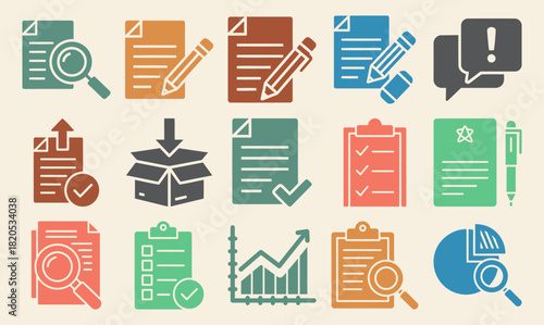 Solid filled icon set for approval workflow processes including draft review edit submit approve notify and archive with background color variations