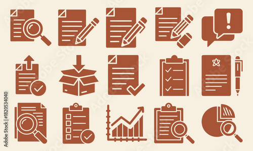 Solid filled icon set representing a comprehensive approval workflow including draft review edit submit approve notify and archive stages with a background