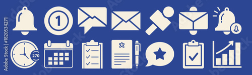 Solid filled icon set of follower notifications including a bell icon red badge message alert inbox and push notifications on a blue background