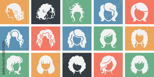 Solid filled ringlet hair icons representing beauty femininity elegance freedom confidence and youth in multiple color variants