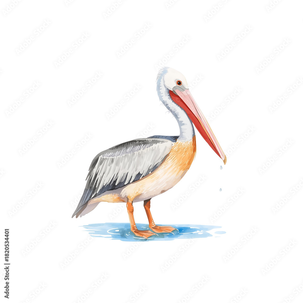 Obraz premium A watercolor illustration of a pelican, featuring a long pink beak, gray and white plumage, and orange legs, with water droplets.