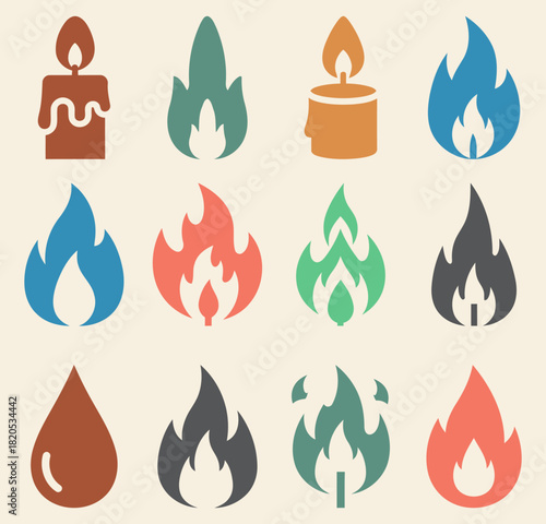 Set of solid filled candle flame icons in various shapes including teardrop flicker steady small and large presented on a colored background with variations