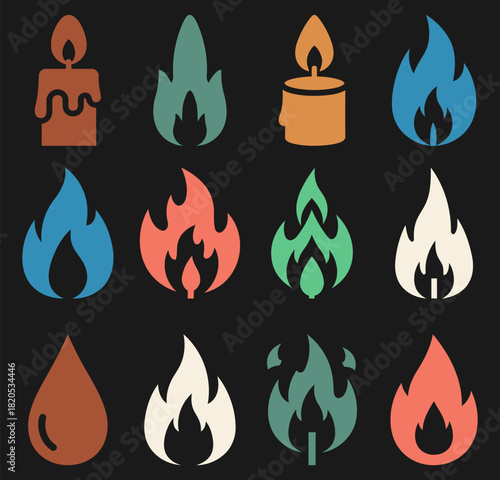 Collection of solid filled candle flame icons in various shapes including teardrop flicker steady small and large presented on a black background with color variations