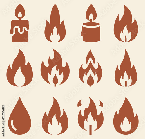 Collection of solid filled candle flame icons featuring teardrop flickering steady small and large flame shapes on a brown background