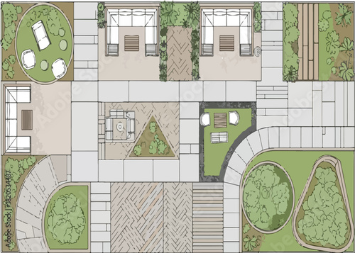 Architectural site plan drawing of a modern outdoor living space and garden layout design isolated with Transparent Background