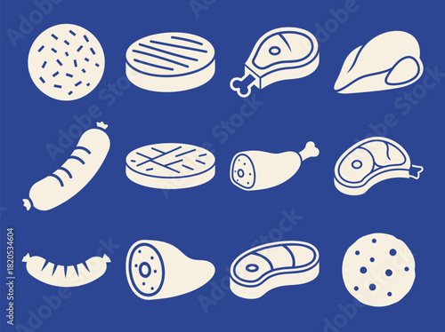 Solid filled icons for frozen meat products including beef patty chicken breast sausage link pork chop and meatball set against a blue background perfect for food and grocery themes