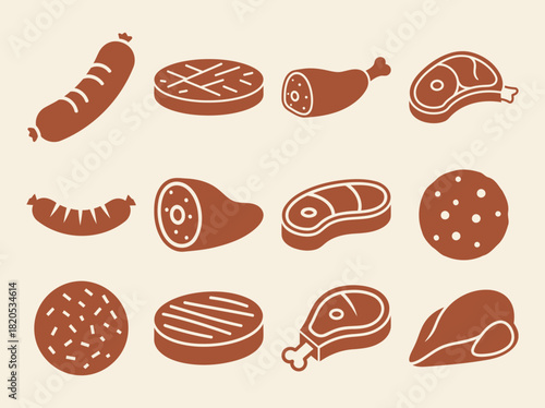 Solid filled icon set featuring diverse frozen meat products including beef patty chicken breast sausage link and pork chop for culinary and food service applications