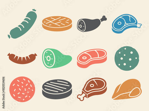 Solid filled icon set of frozen meat products including beef patty chicken breast sausage link and pork chop in various color variations