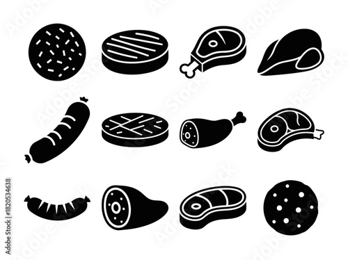 Solid filled icon set featuring a variety of frozen meat products including beef patty chicken breast sausage link pork chop and meatball for culinary or grocery applications