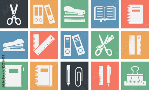 Solid black filled icon set featuring essential office supplies including pen pencil notebook paperclip stapler scissors ruler and binder for business and productivity designs