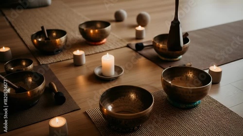 Tibetan singing bowls and lit candles arranged for meditation or sound healing session