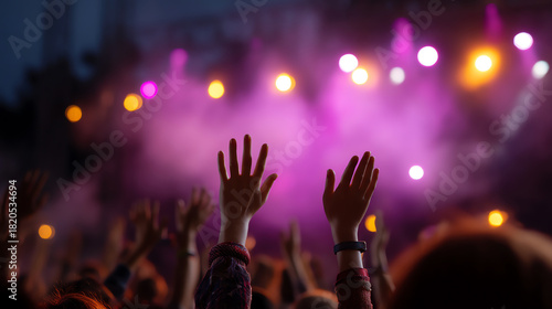 Wallpaper Mural Crowd with raised hands enjoying a vibrant concert or festival, illuminated by colorful stage lights and surrounded by atmospheric smoke effects Torontodigital.ca