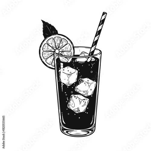 Vector illustration of a lemonade glass with lemon slice, ice cubes and straw in a clean minimal style. Fresh lemonade, citrus drink, summer beverage, cold refreshment, lemon glass