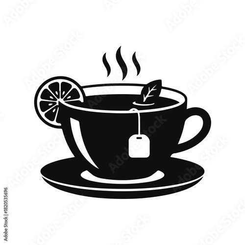 A cup of tea on a saucer with a lemon wedge, a warm drink design with simple, elegant lines. Cup of tea, hot drink, lemon wedge, vector tea, warm drink