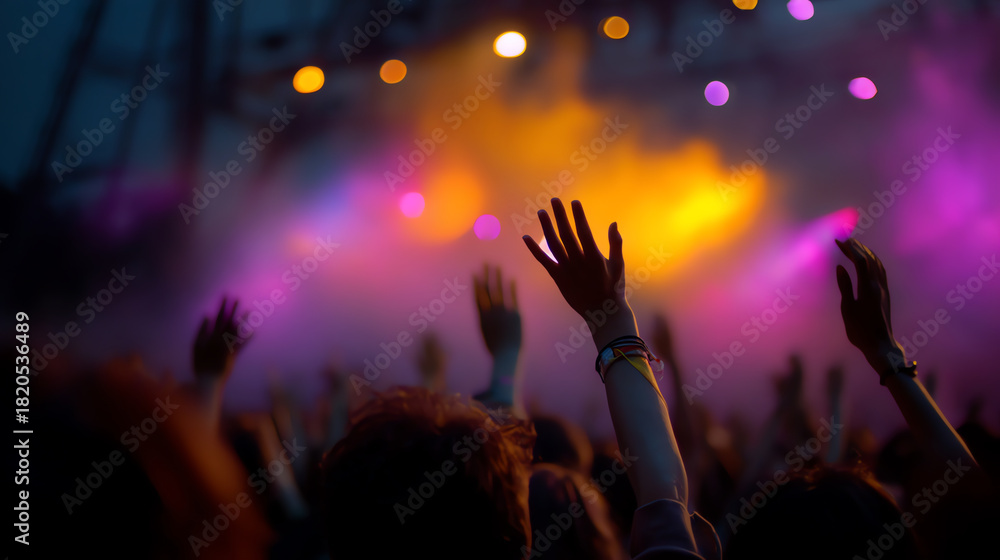 custom made wallpaper toronto digitalConcert crowd with raised hands enjoying vibrant stage lights in purple and orange hues, capturing the energetic atmosphere of a live music event