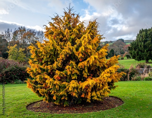 Large golden shrub in autumn colors on grassy knoll, overcast sky