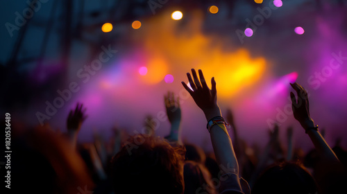 Wallpaper Mural Concert crowd with raised hands enjoying vibrant stage lights in purple and orange hues, capturing the energetic atmosphere of a live music event Torontodigital.ca