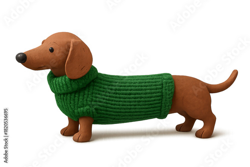 A charming brown clay dachshund dog figurine wearing a cozy green knitted turtleneck sweater stands in a full-length profile, showcasing its handmade and whimsical character