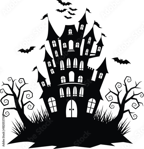 Halloween haunted house silhouette vector illustration scary bats trees eps
