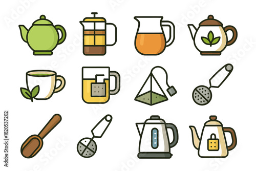 Kitchen utensils and drinkware icon set on a clean white background